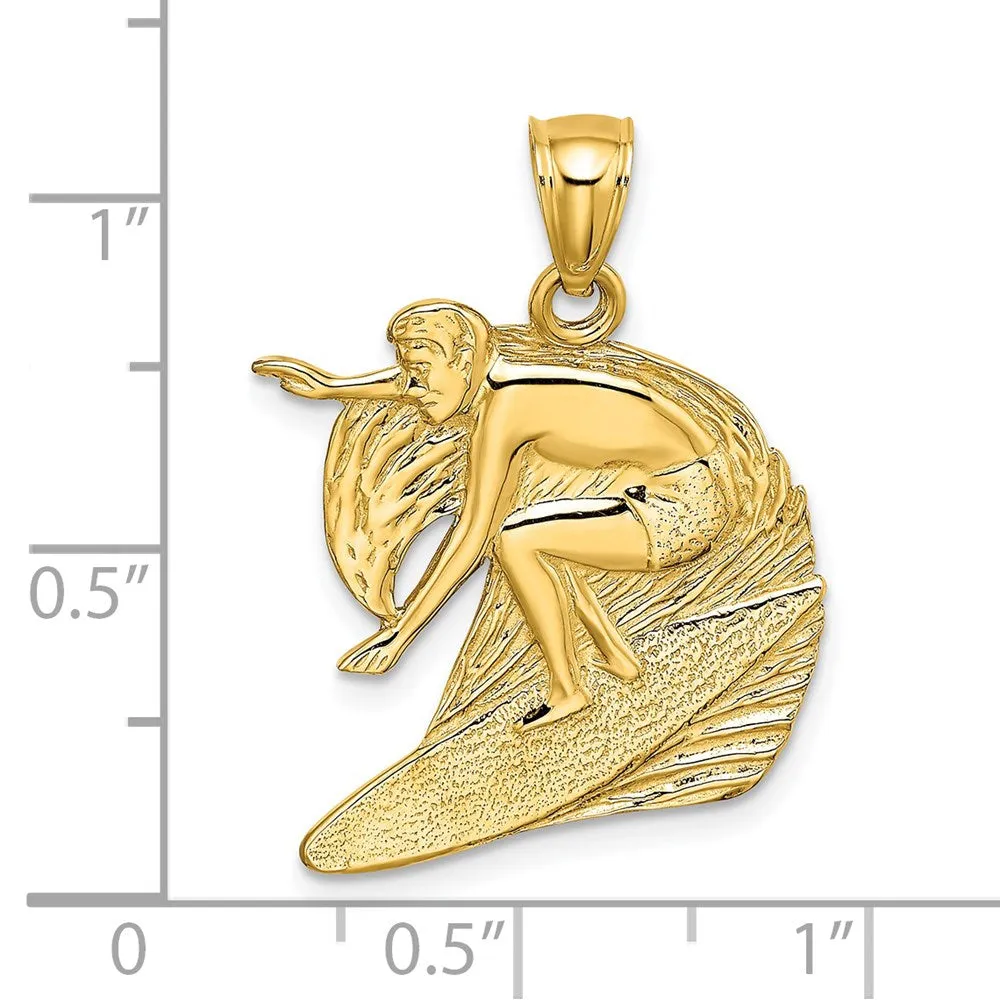 14K Polished & Graved Surfer & Wave Charm