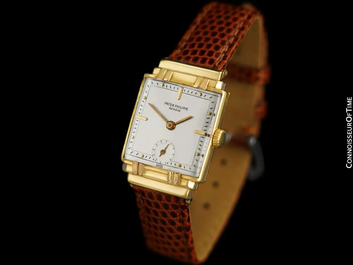 1940's Patek Philippe Vintage Mens Late Art Deco Handwound Watch with Stepped Case - 18K Gold
