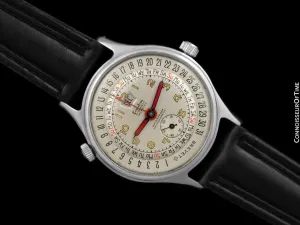 1950's Swiss Landau Date-O-Graph Vintage Large Mens Triple Date Calendar Watch - Stainless Steel