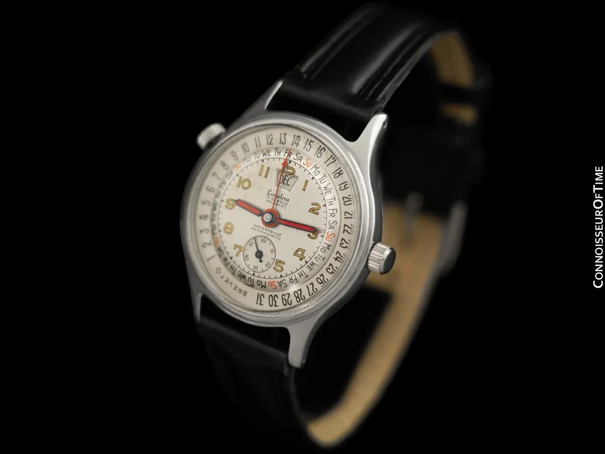 1950's Swiss Landau Date-O-Graph Vintage Large Mens Triple Date Calendar Watch - Stainless Steel
