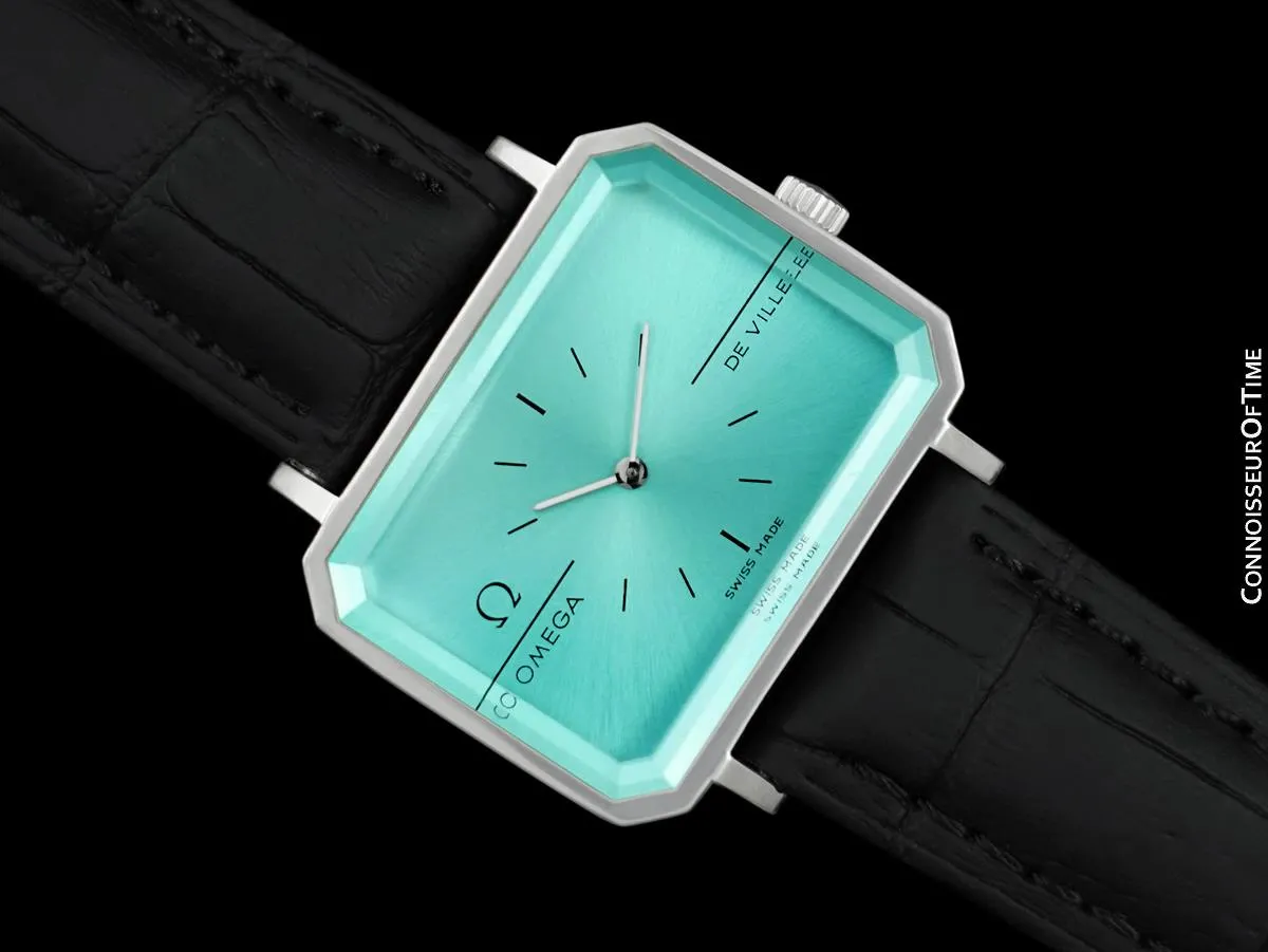 1973 Omega De Ville Mens Midsize "Emerald" Modern Watch with Tiffany Blue Dial By Andrew Grima - Stainless Steel