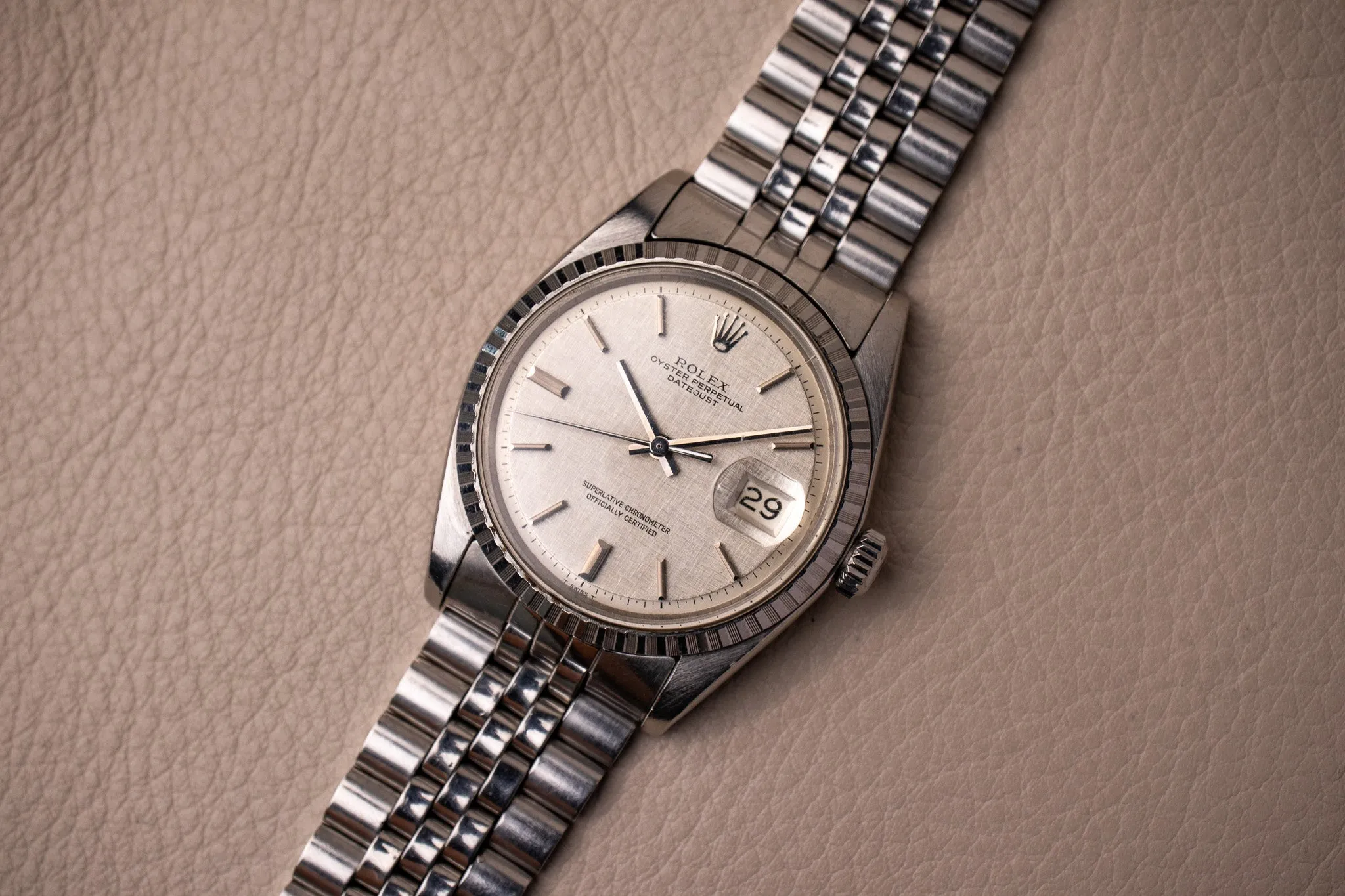 1973 Rolex Datejust 1603 'Non Luminous Silver Linen Dial'