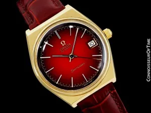 1975 Omega Vintage Seamaster Mens Red Vignette Dial Watch, Automatic, Date - 18K Gold Plated & Stainless Steel