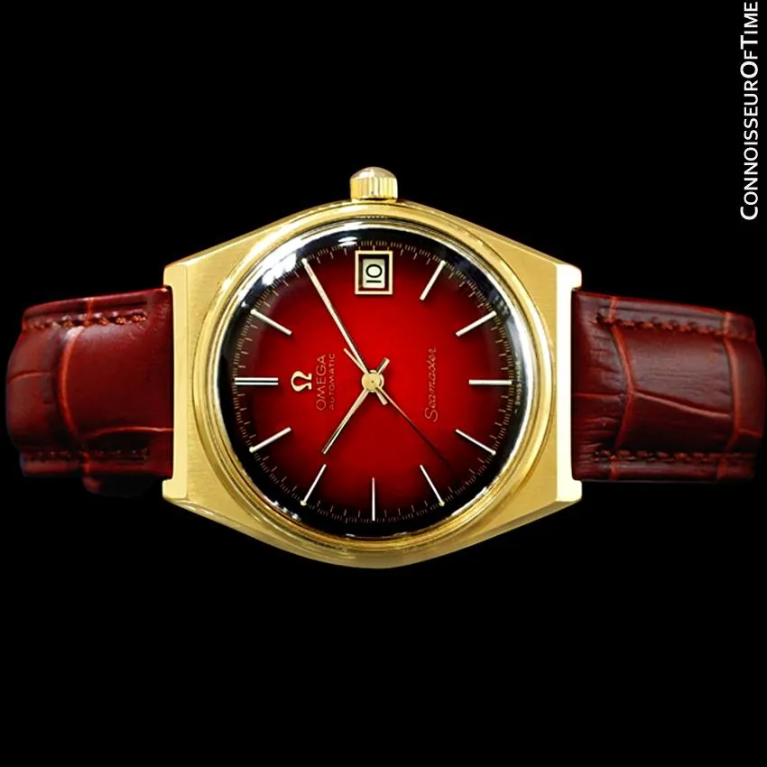1975 Omega Vintage Seamaster Mens Red Vignette Dial Watch, Automatic, Date - 18K Gold Plated & Stainless Steel