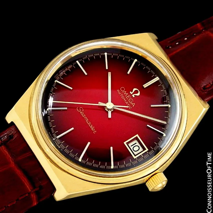 1975 Omega Vintage Seamaster Mens Red Vignette Dial Watch, Automatic, Date - 18K Gold Plated & Stainless Steel