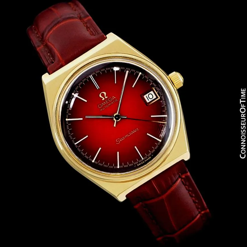 1975 Omega Vintage Seamaster Mens Red Vignette Dial Watch, Automatic, Date - 18K Gold Plated & Stainless Steel