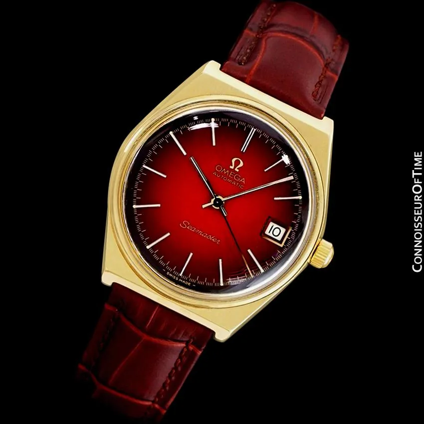 1975 Omega Vintage Seamaster Mens Red Vignette Dial Watch, Automatic, Date - 18K Gold Plated & Stainless Steel