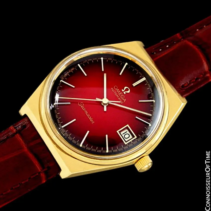 1975 Omega Vintage Seamaster Mens Red Vignette Dial Watch, Automatic, Date - 18K Gold Plated & Stainless Steel