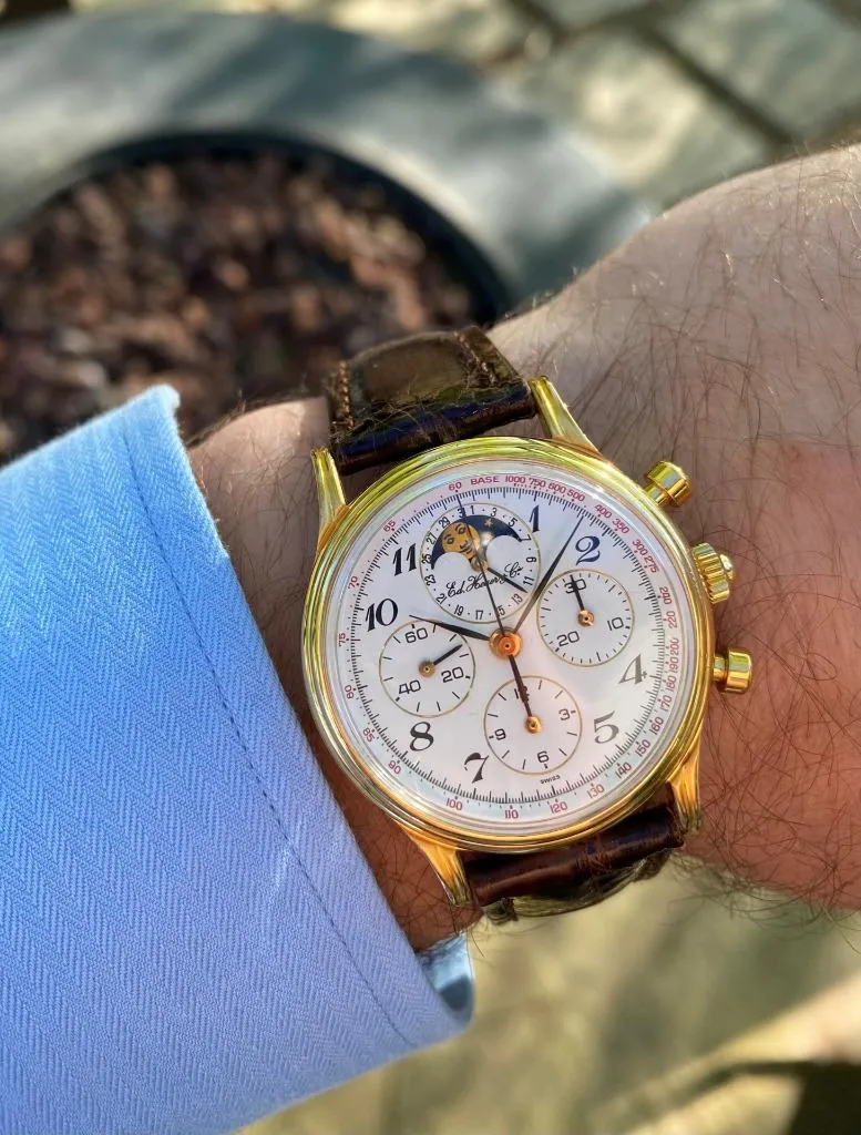 1985 Ed Heuer Mens Rare 125th Anniversary Ref. 188.205 Moon Phase "Golden Hours" Chronograph - 18K Gold Plated & Stainless Steel