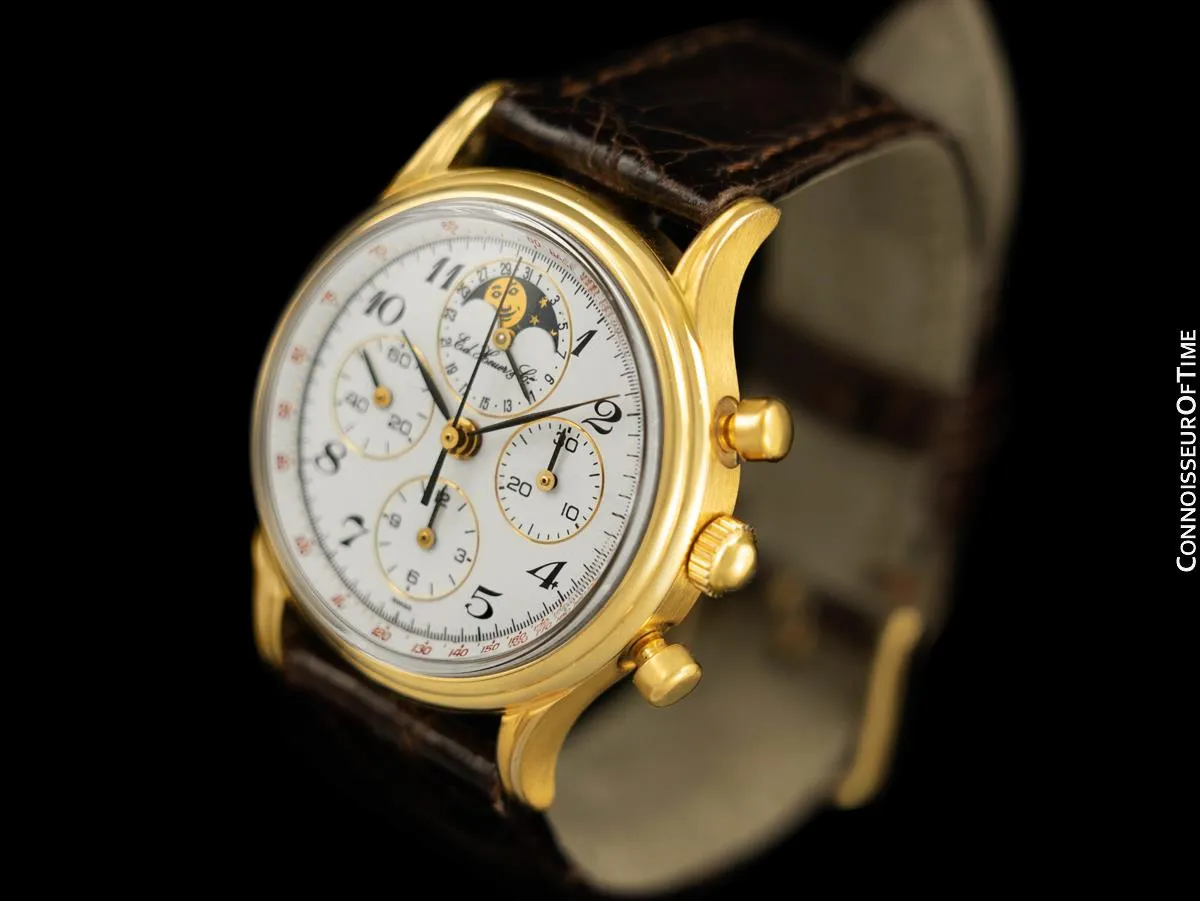 1985 Ed Heuer Mens Rare 125th Anniversary Ref. 188.205 Moon Phase "Golden Hours" Chronograph - 18K Gold Plated & Stainless Steel