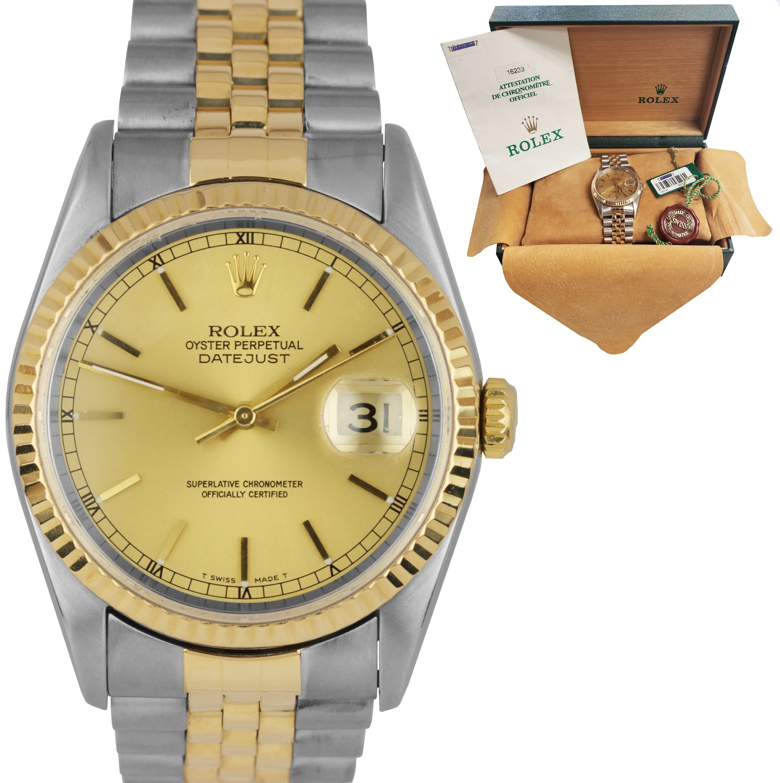 1998 MINT Rolex DateJust 36mm Two-Tone Champagne Steel Gold Jubilee Watch 16233