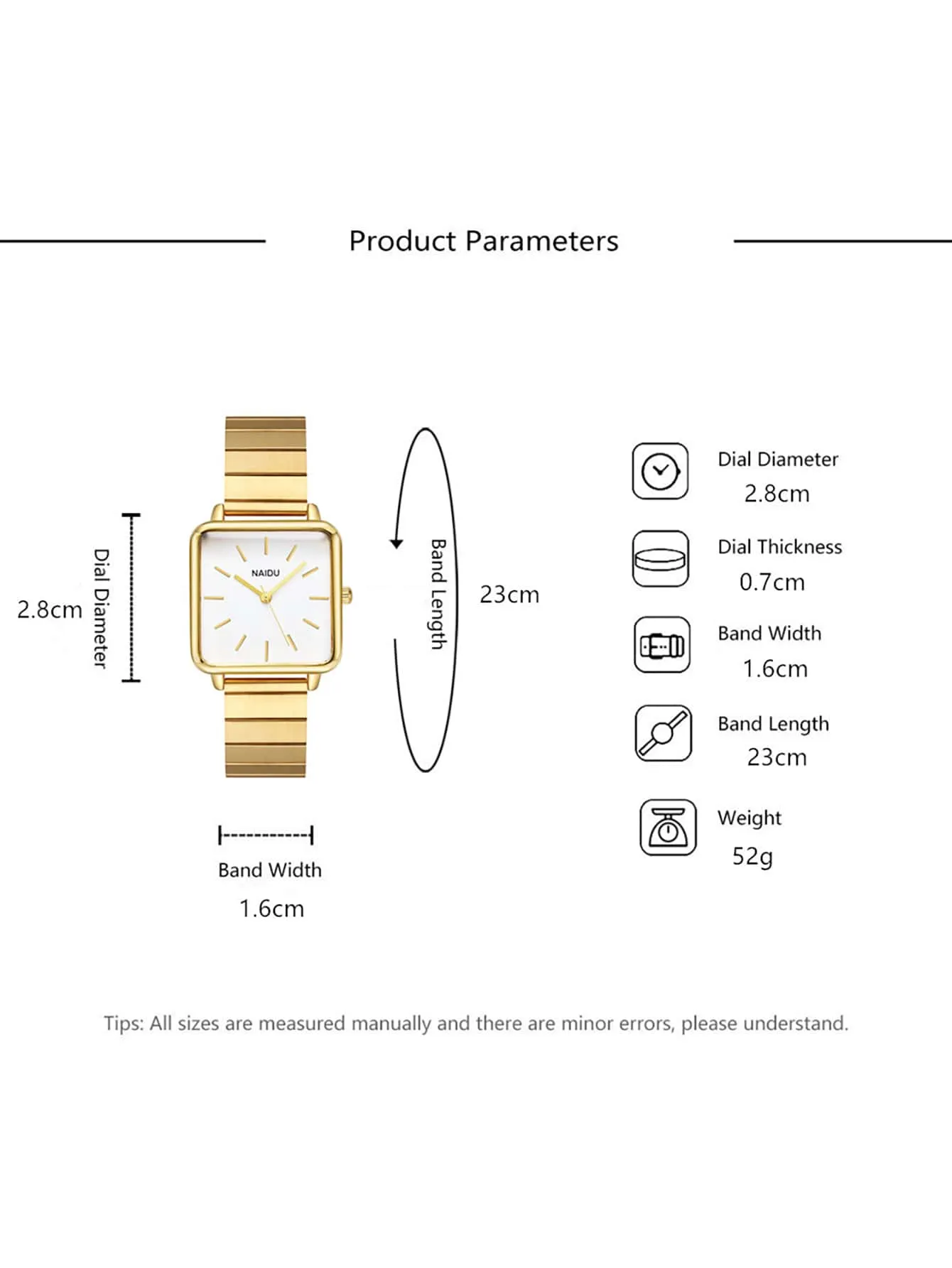 1pc Square Dial Quartz Watch - Gold