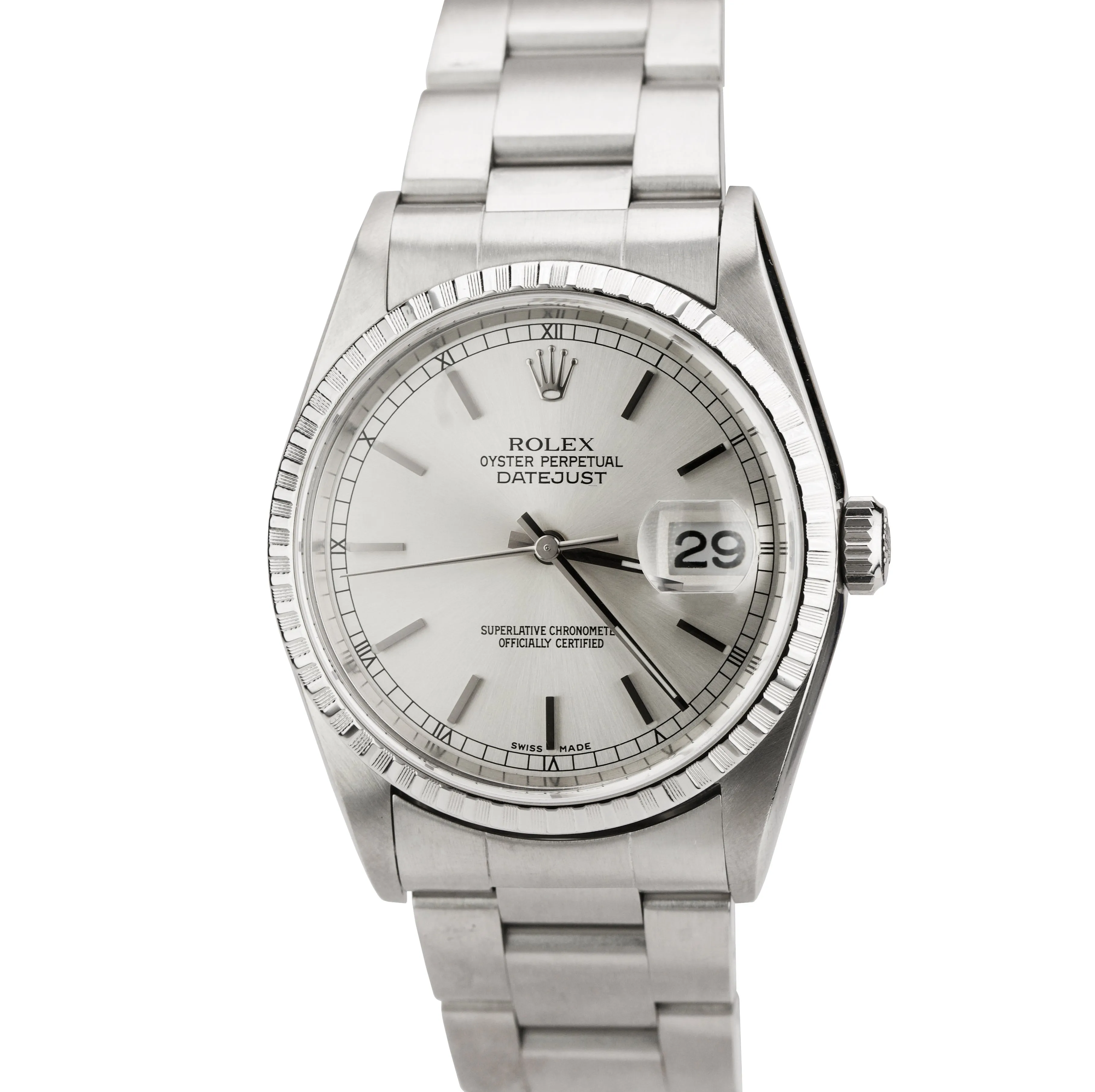 2004 Rolex DateJust 36mm Silver Engined Turned Stainless Steel Watch 16220 B P