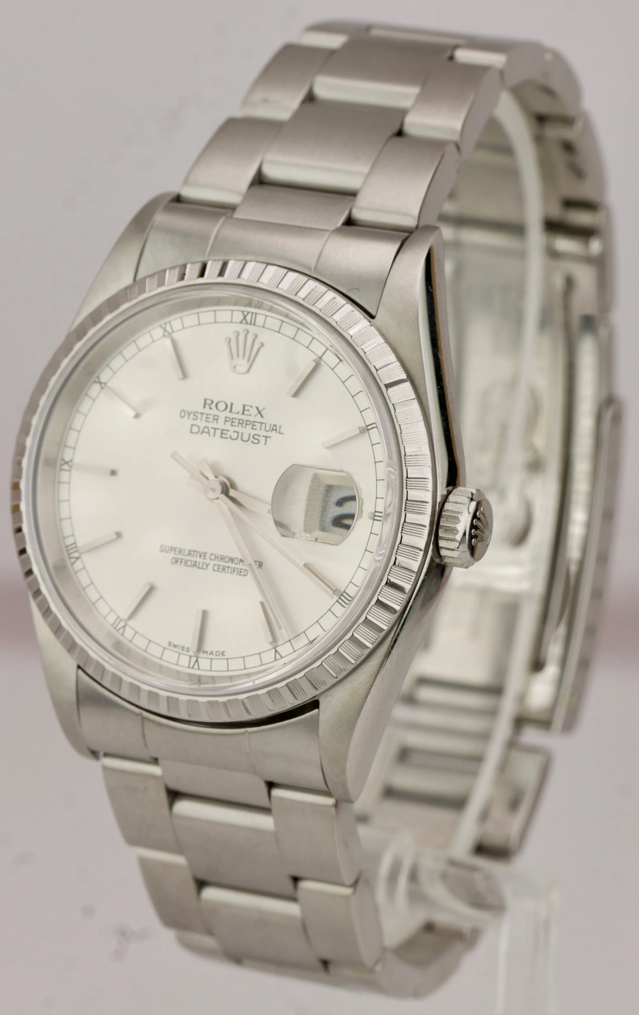 2004 Rolex DateJust 36mm Silver Engined Turned Stainless Steel Watch 16220 B P