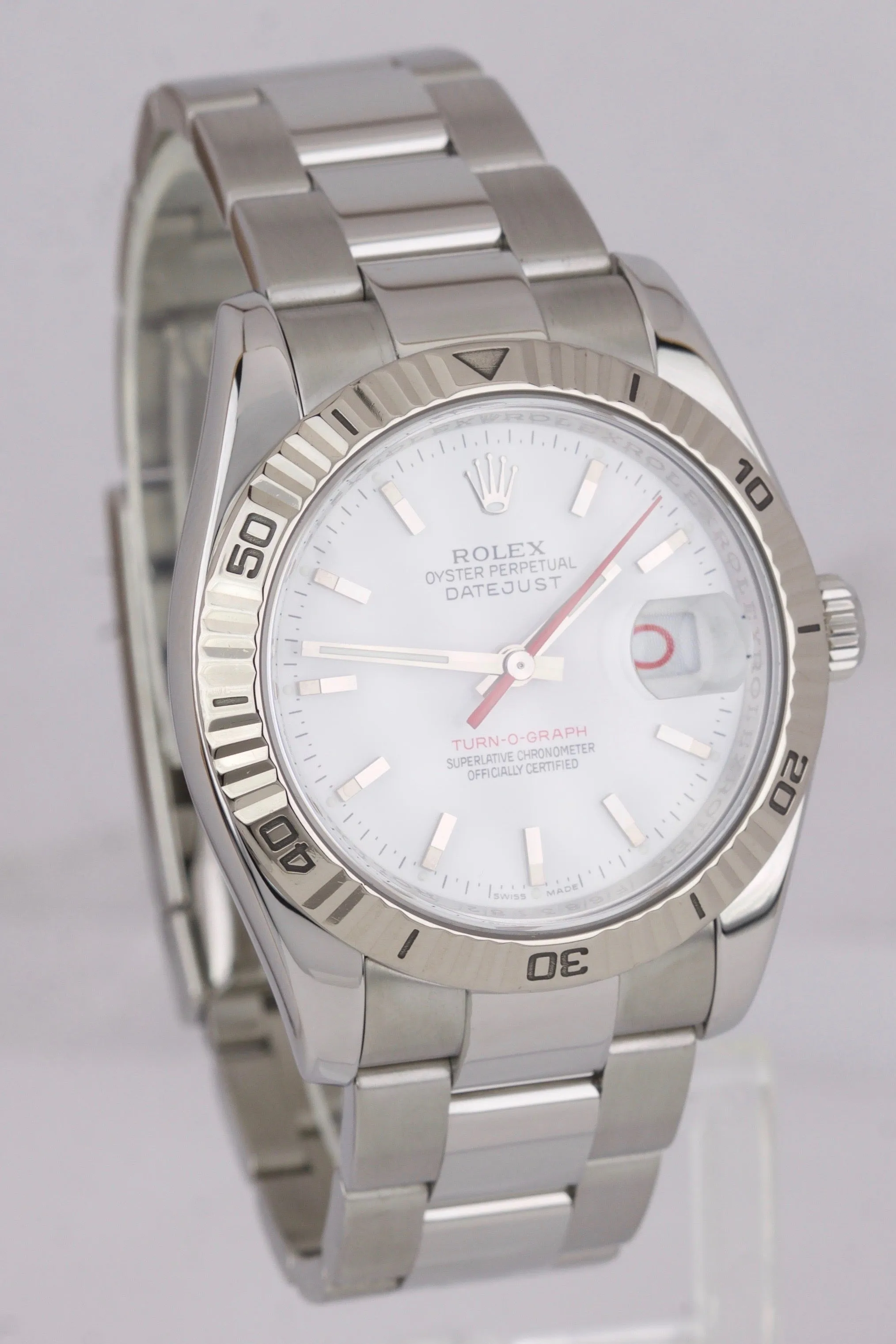 2006 MINT Rolex DateJust 116264 Turn-O-Graph 36mm Thunderbird White Oyster Watch