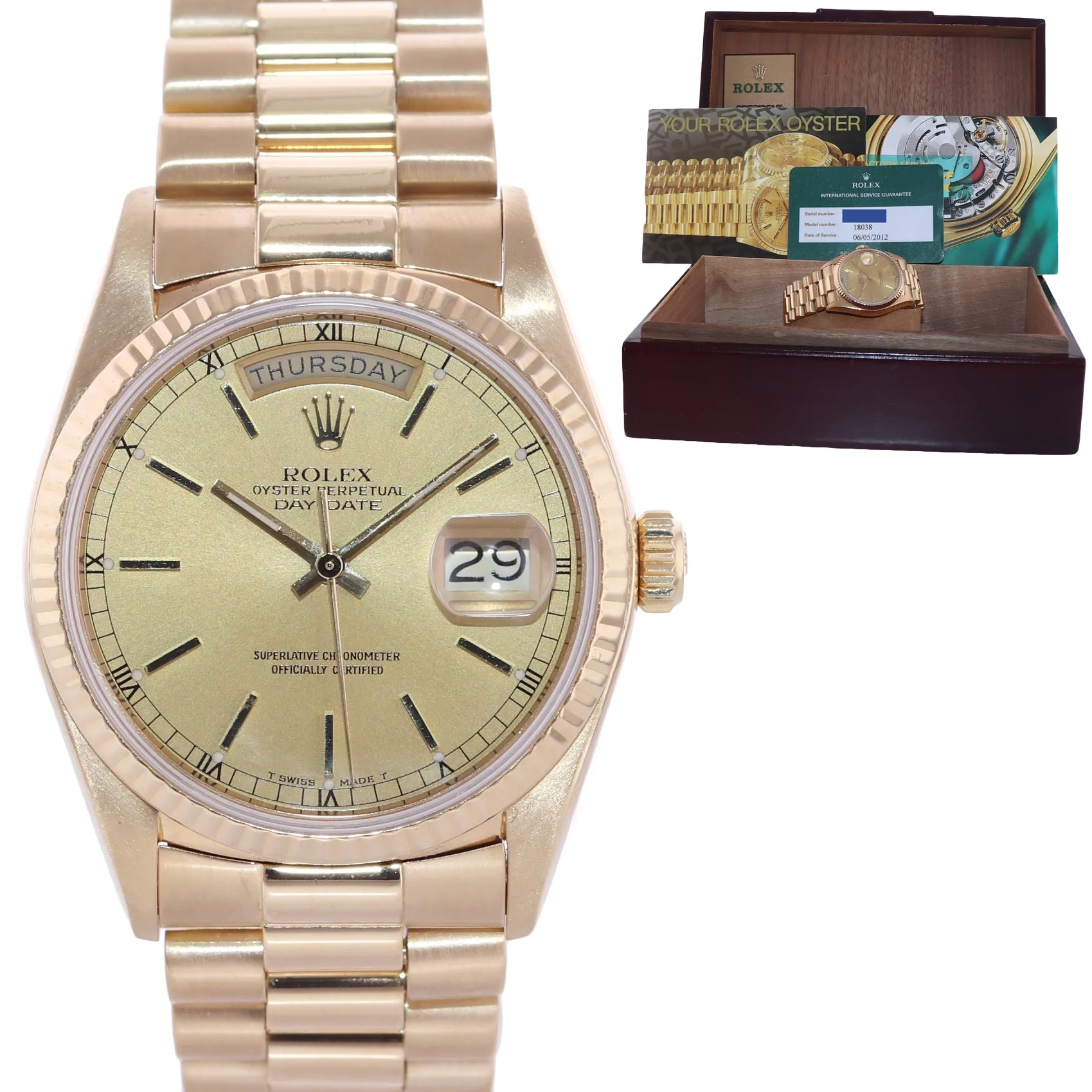 2012 RSC Papers Rolex President Day Date Champagne 18038 Quick Yellow Gold Watch