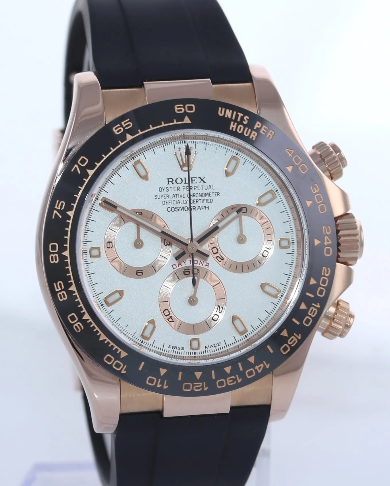 2017 Rolex Daytona Ivory Oysterflex Rubber Style Ceramic 116515 Rose Gold Watch