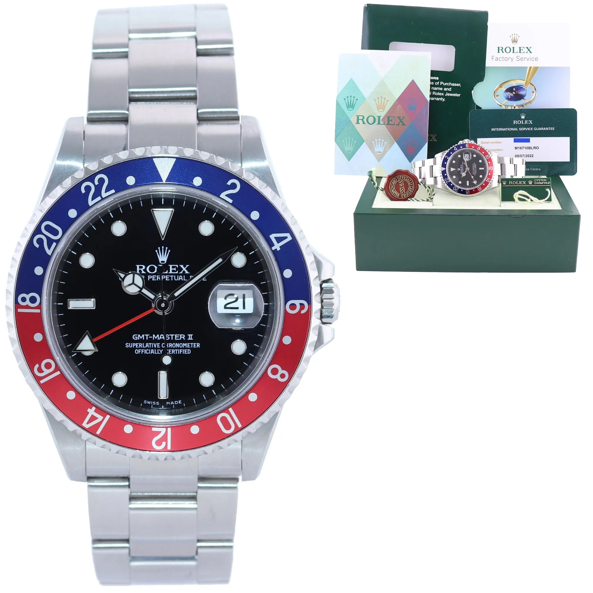 2022 Rolex Service & 2007 PAPERS Rolex GMT-Master II Pepsi BLRO Steel 16710 Watch