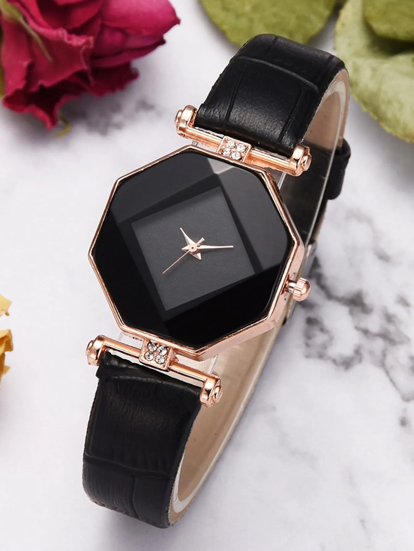 2pcs Polygon Quartz Watch With Bracelet Set - Rose Gold- FD ⚡