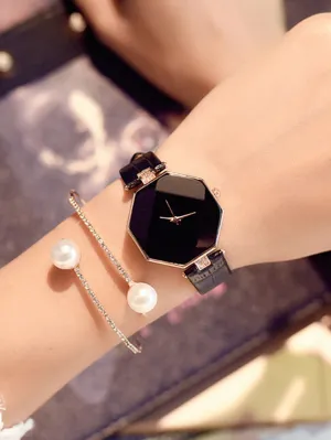 2pcs Polygon Quartz Watch With Bracelet Set - Rose Gold- FD ⚡