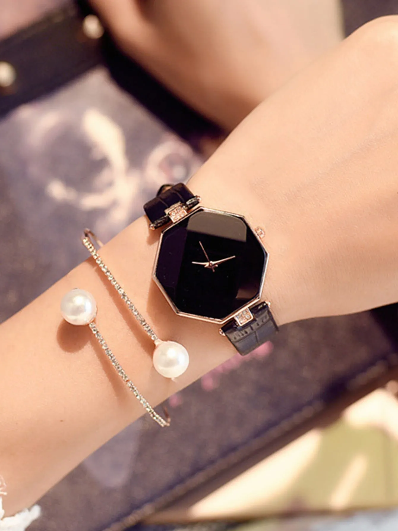 2pcs Polygon Quartz Watch With Bracelet Set - Rose Gold- FD ⚡