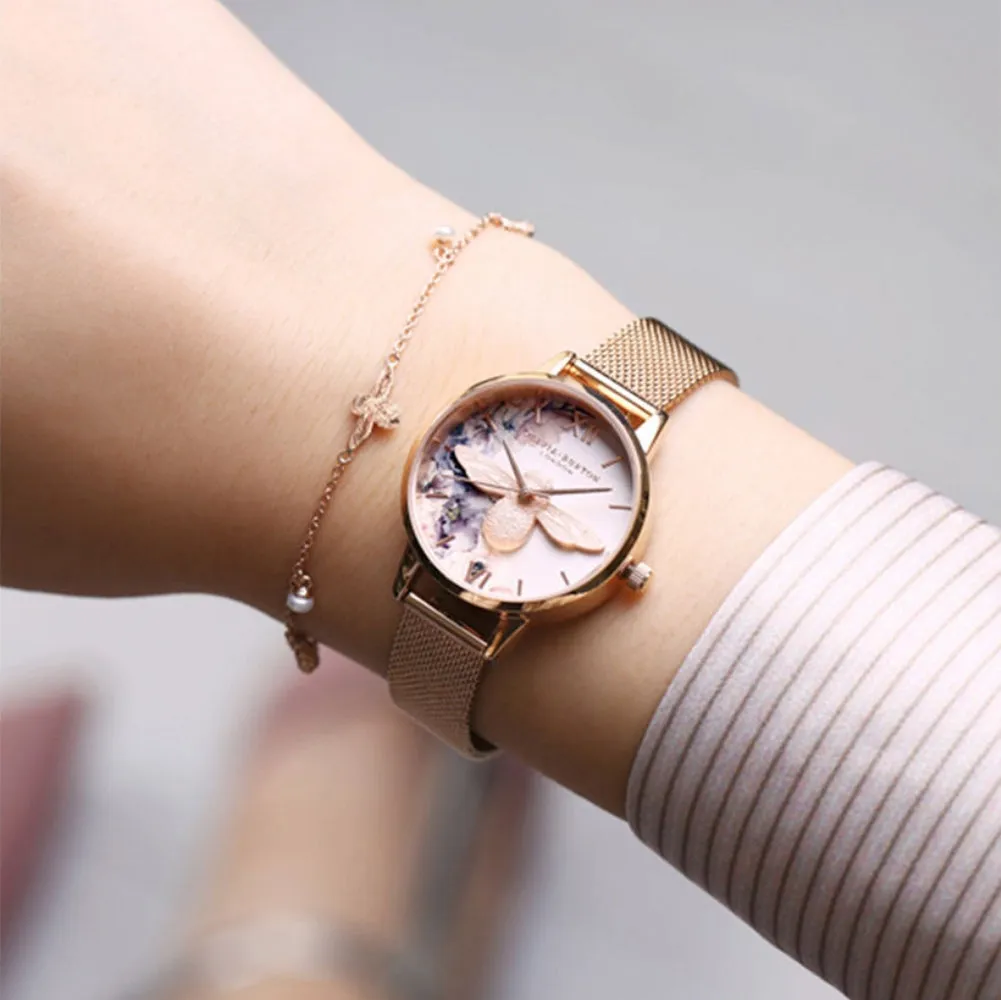 3D Bee Watercolor Florals Midi Dial Rose Gold Mesh Watch