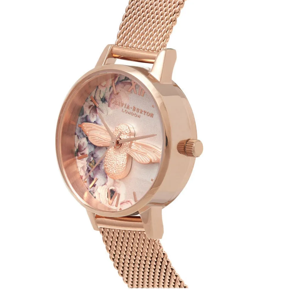 3D Bee Watercolor Florals Midi Dial Rose Gold Mesh Watch