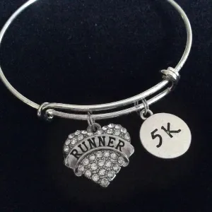 5K Runner Crystal Heart Charm Bracelet Expandable Adjustable Wire Bangle Finish Line Gift Trendy
