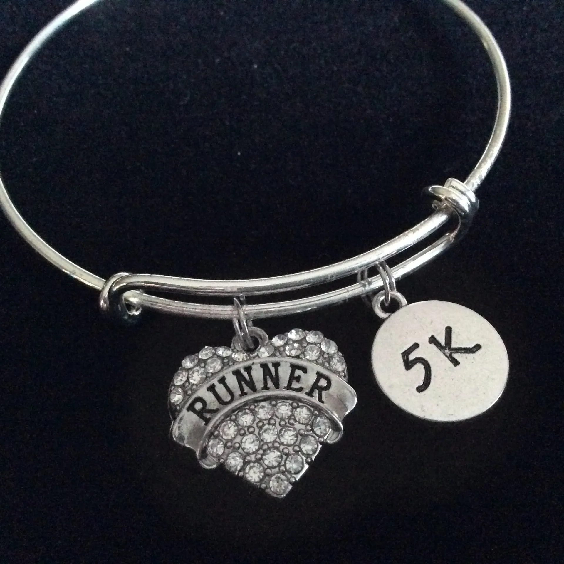 5K Runner Crystal Heart Charm Bracelet Expandable Adjustable Wire Bangle Finish Line Gift Trendy