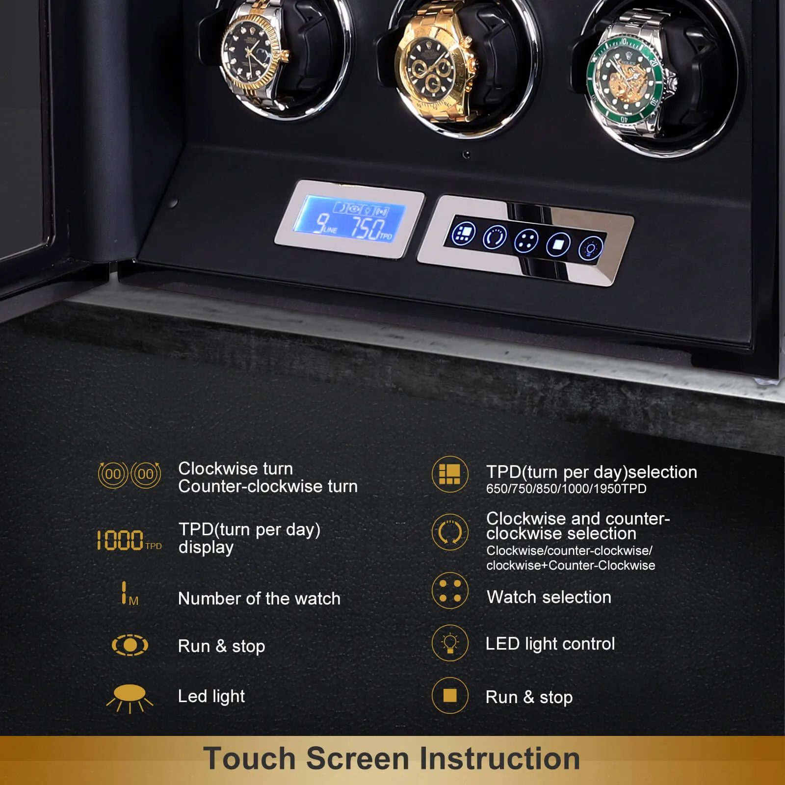 6 Watch Winder with LCD Touchscreen Remote Control Quiet Mabuchi Motors
