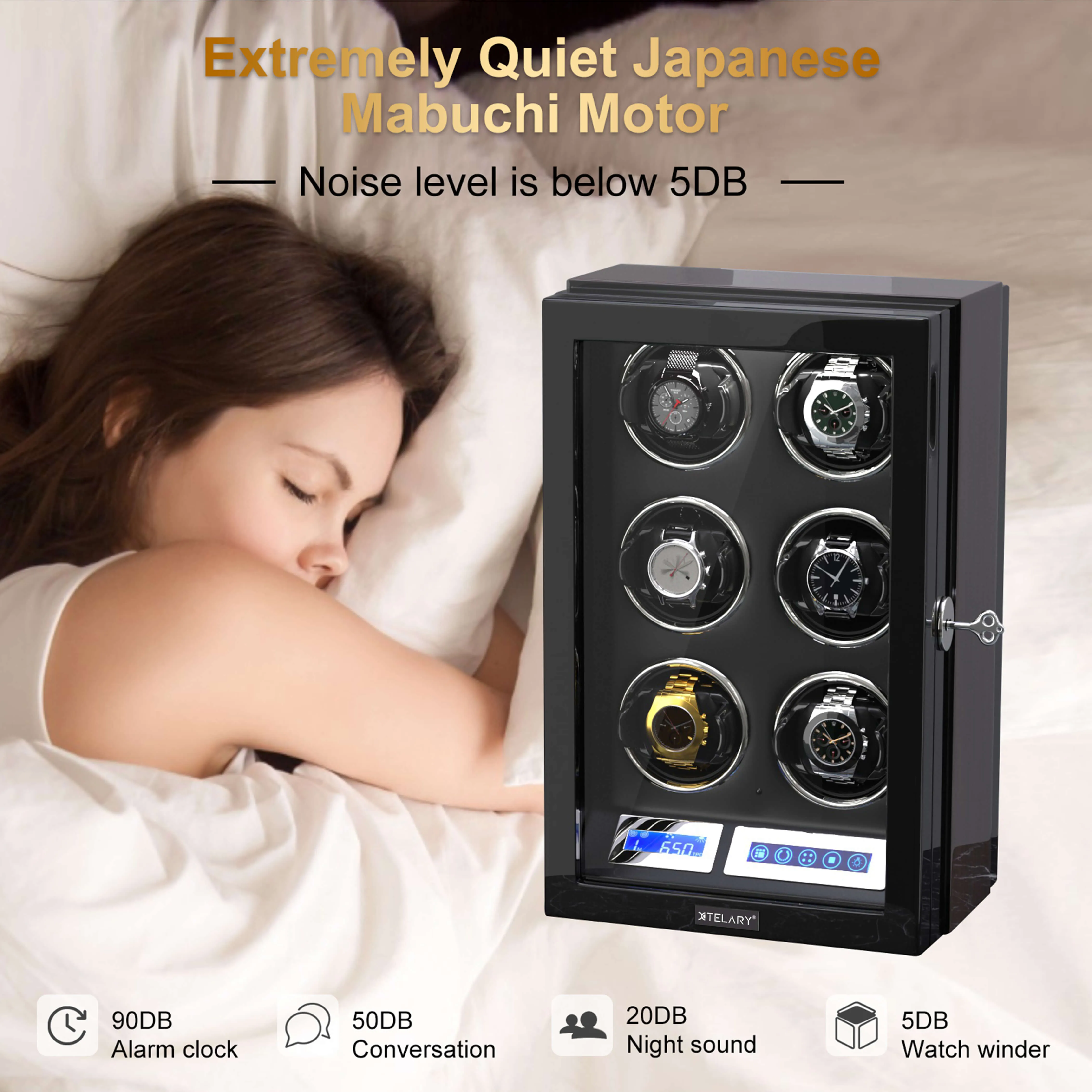 6 Watch Winder with LCD Touchscreen Remote Control Quiet Mabuchi Motors