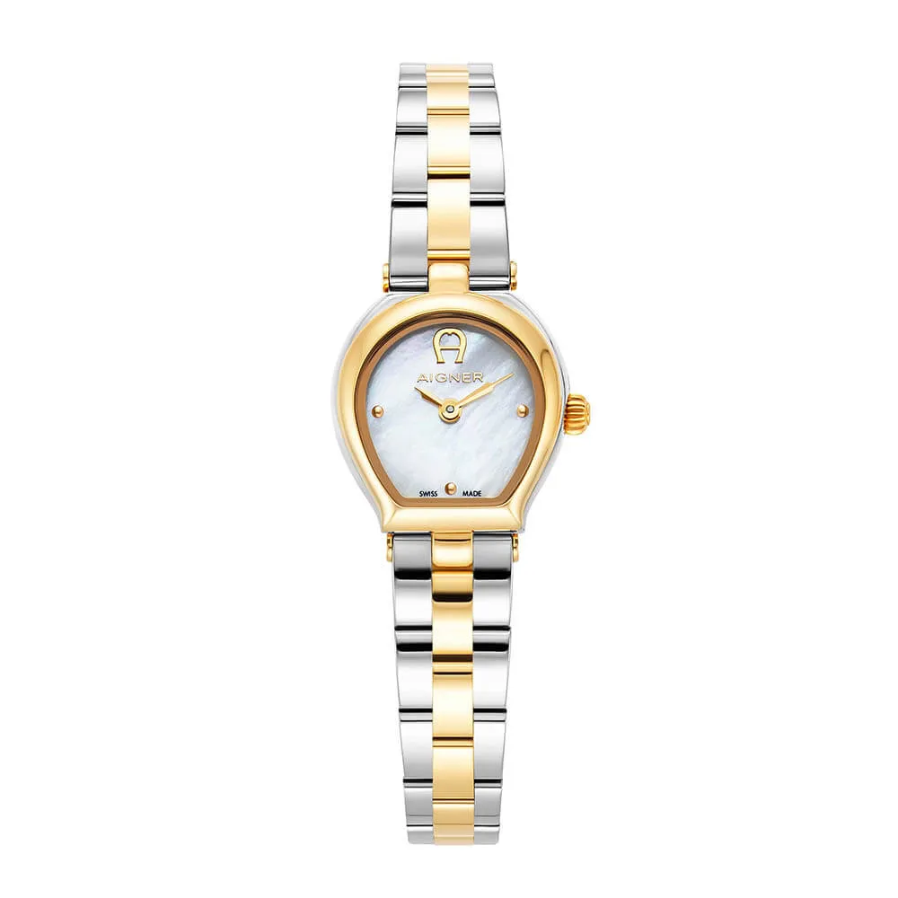 Aigner Trani Ladies White MOP Dial Two Tone Stainless Steel Silver Gold Plated Watch