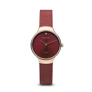 BERING Charity 26mm Polished Rose Gold Milanese Strap Red Women's Watch 13326-Charity