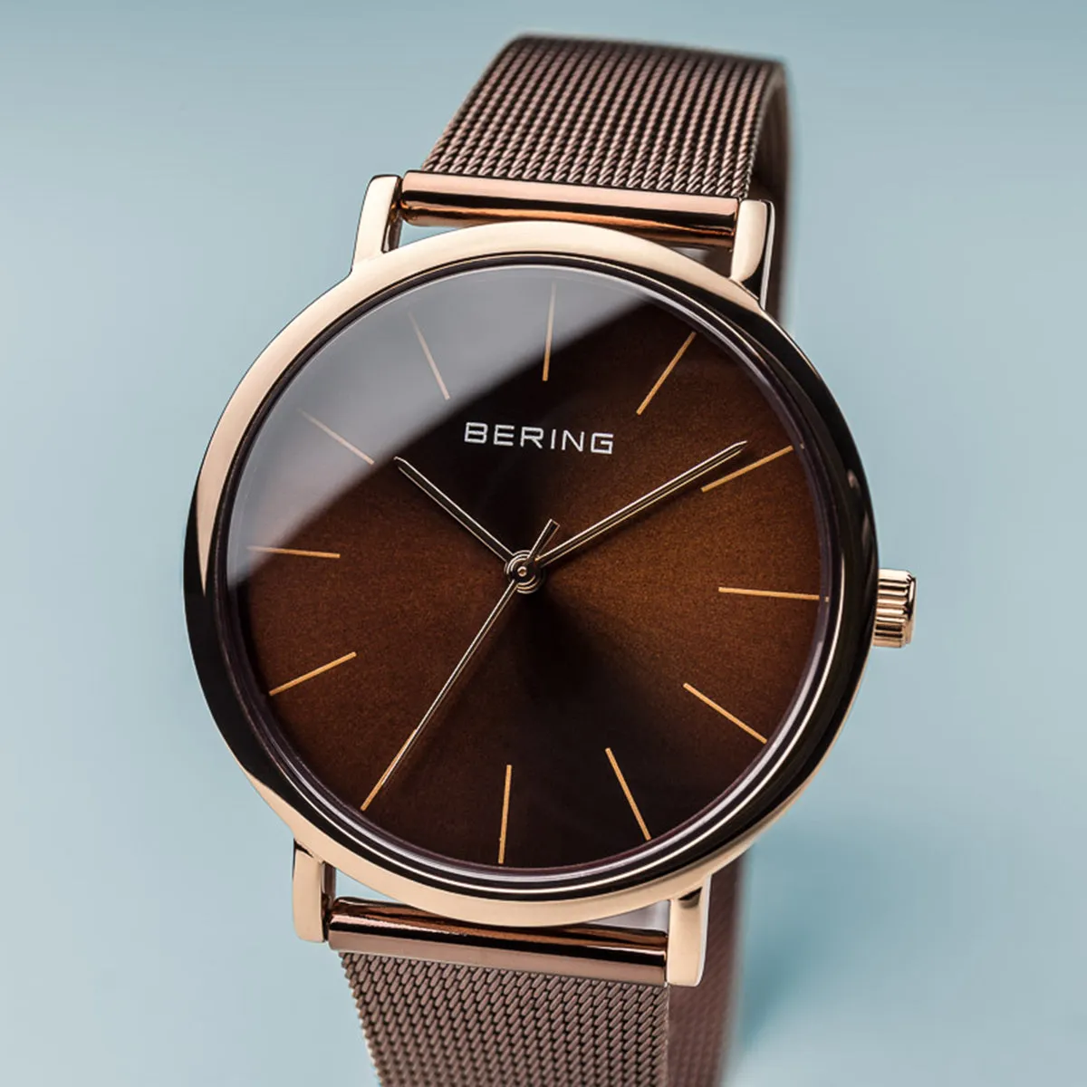 Bering Chocolate Brown Stainless Steel Mesh & Rose Gold Watch