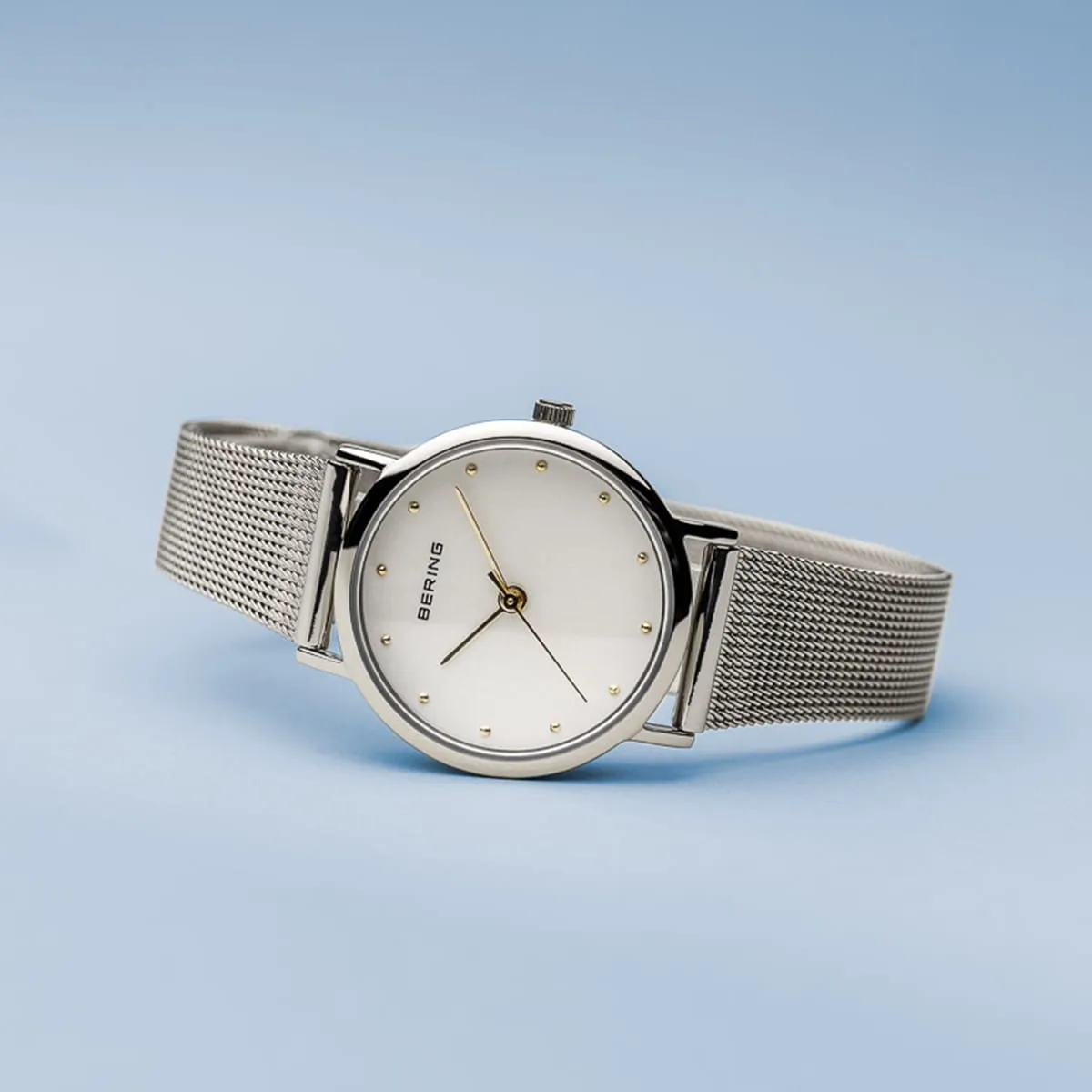 Bering Classic Stainless Steel Mesh Ladies Watch with Gold Details