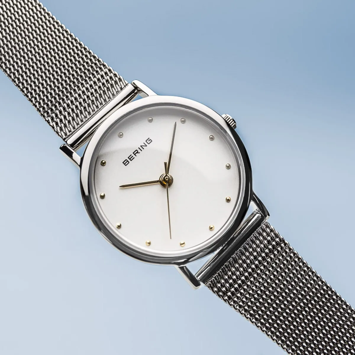 Bering Classic Stainless Steel Mesh Ladies Watch with Gold Details