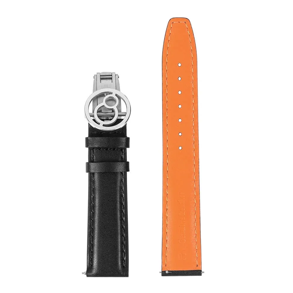 Black/Orange(Strap Back) Genuine Leather Strap with Spring Buckle | Suitable for all watches with 20mm lug width