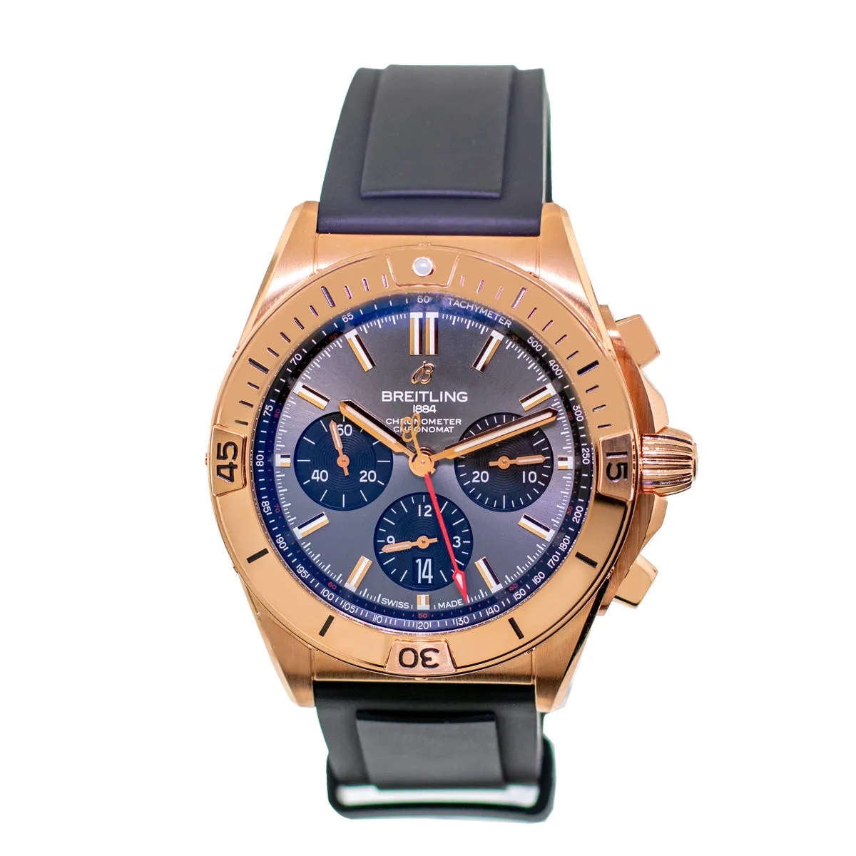 Breitling Chronomat B01 Chronograph 42mm Rose Gold Anthracite Dial Black Rubber Strap RB0134101B1S1
