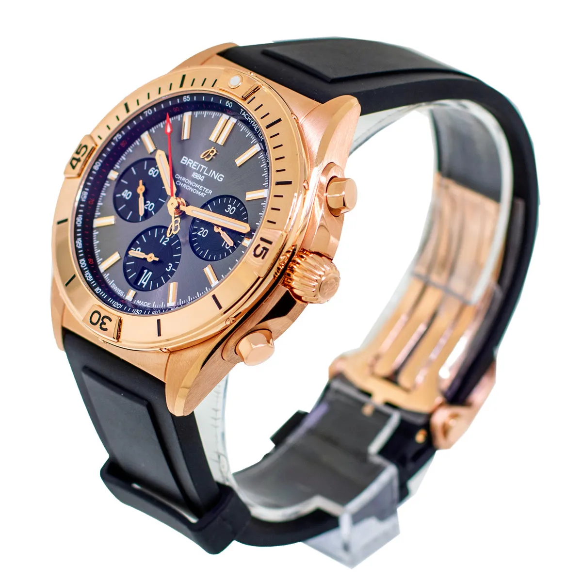 Breitling Chronomat B01 Chronograph 42mm Rose Gold Anthracite Dial Black Rubber Strap RB0134101B1S1