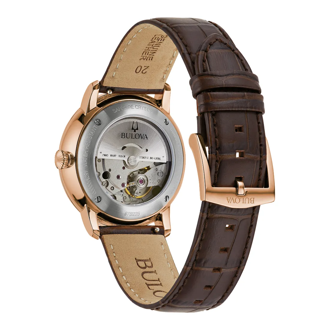 Bulova Hudson Mens Automatic Rose Gold Tone Brown Leather Strap Watch