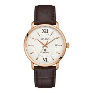 Bulova Hudson Mens Automatic Rose Gold Tone Brown Leather Strap Watch