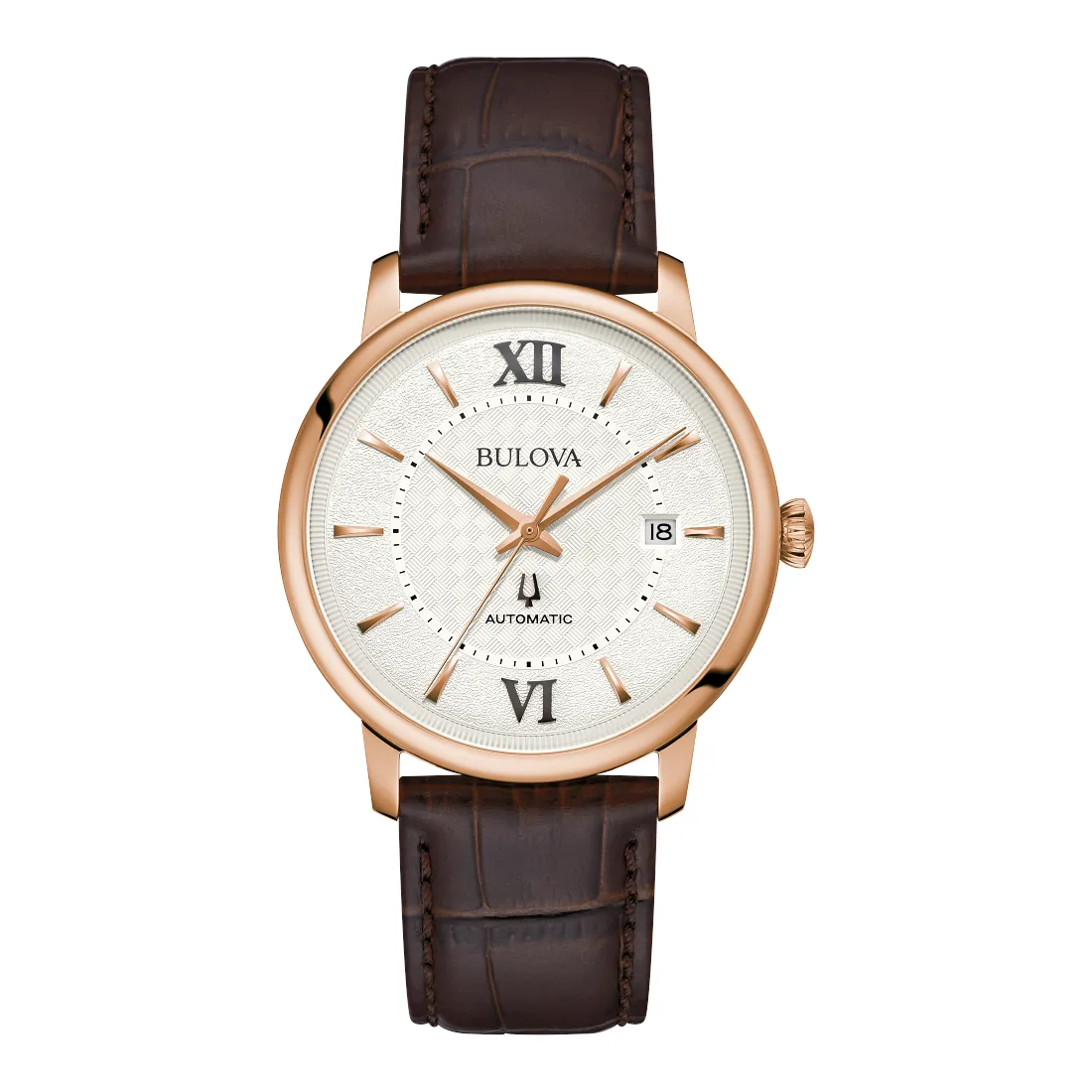 Bulova Hudson Mens Automatic Rose Gold Tone Brown Leather Strap Watch