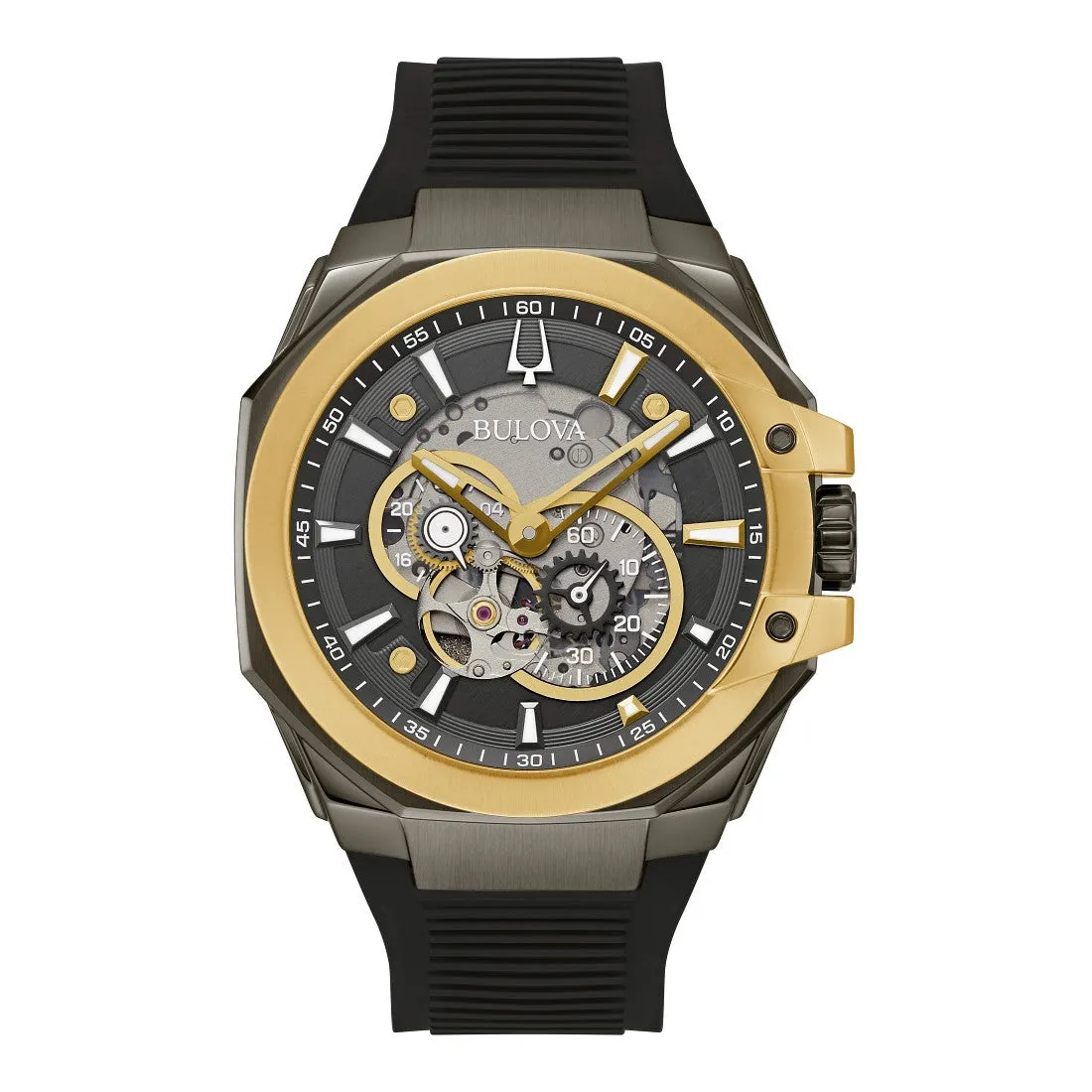 Bulova Maquina Mens Automatic Two Tone Black Silicone Strap Watch