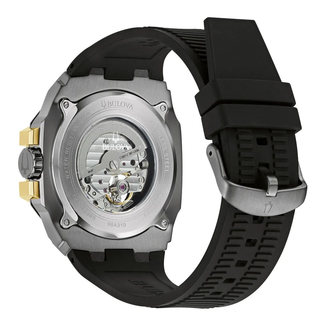 Bulova Maquina Mens Automatic Two Tone Black Silicone Strap Watch