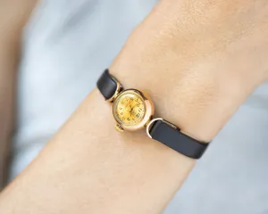 Crescent trim case wristwatch for women Dawn, gold plated women retro watch gift, watch lady shockproof vintage, new premium leather band
