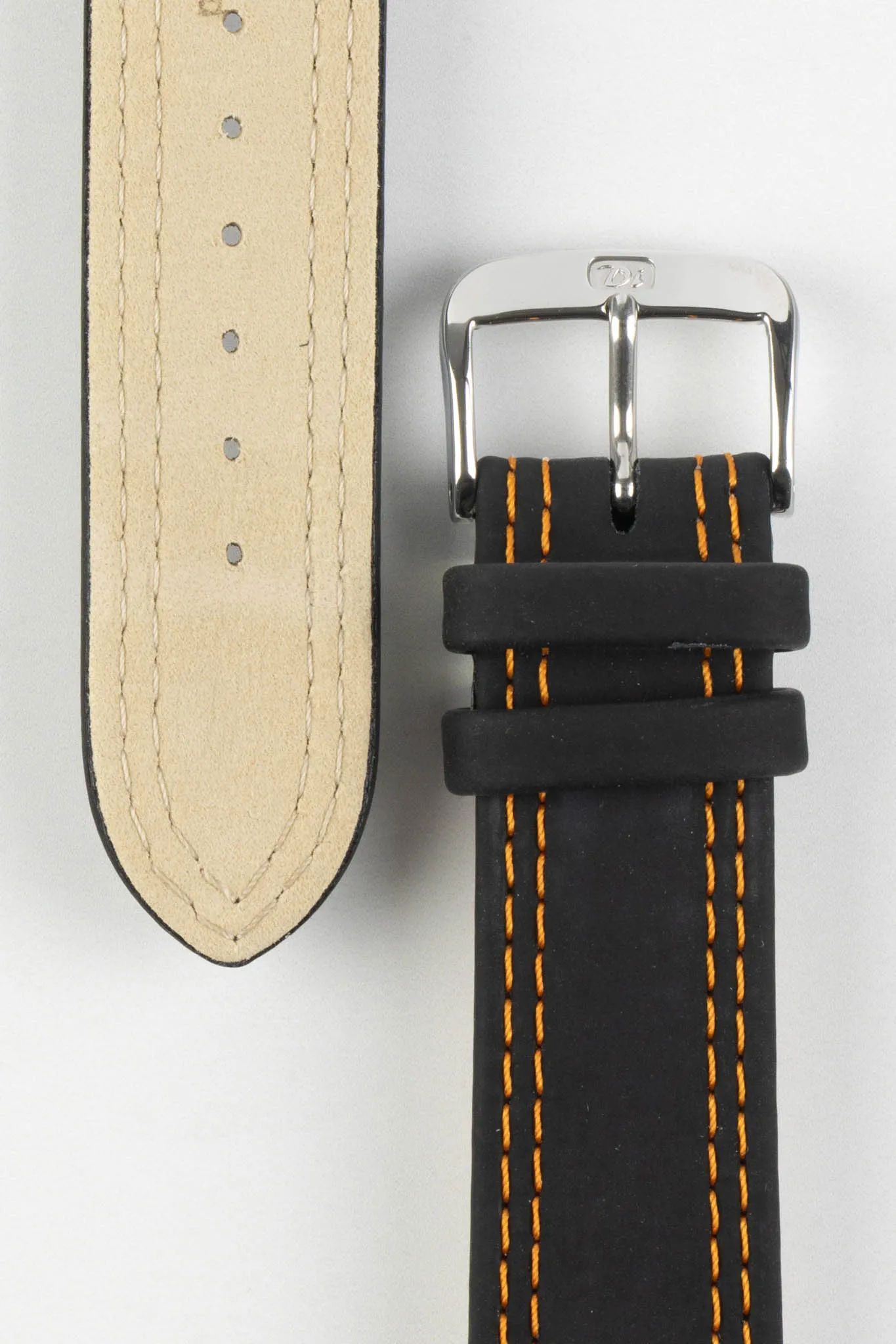 Di-Modell COLORADO Rubber-Coated Leather Watch Strap in BLACK with ORANGE Stitch
