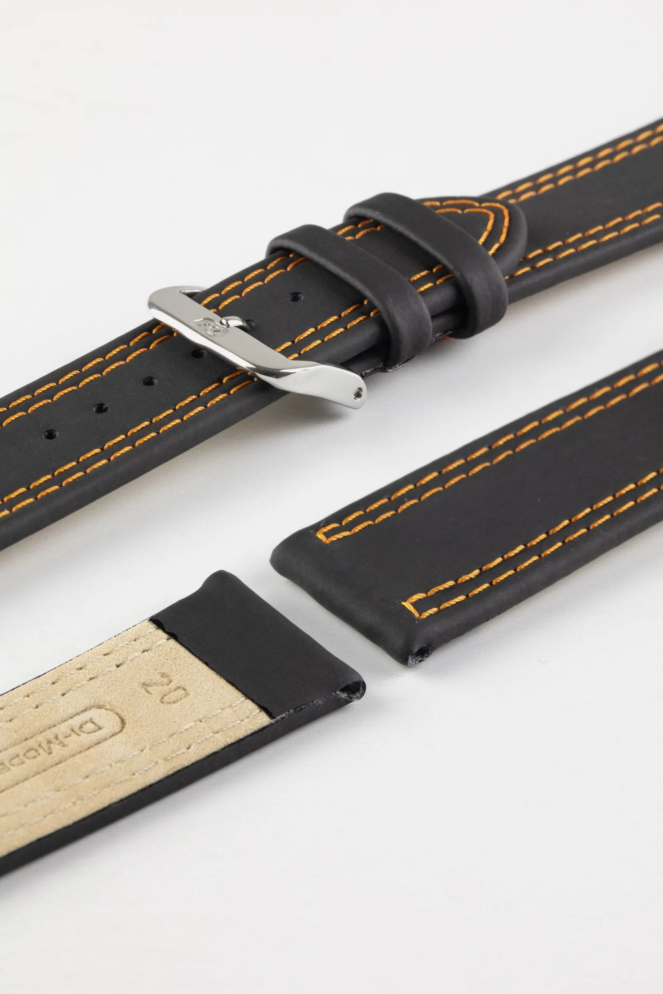 Di-Modell COLORADO Rubber-Coated Leather Watch Strap in BLACK with ORANGE Stitch