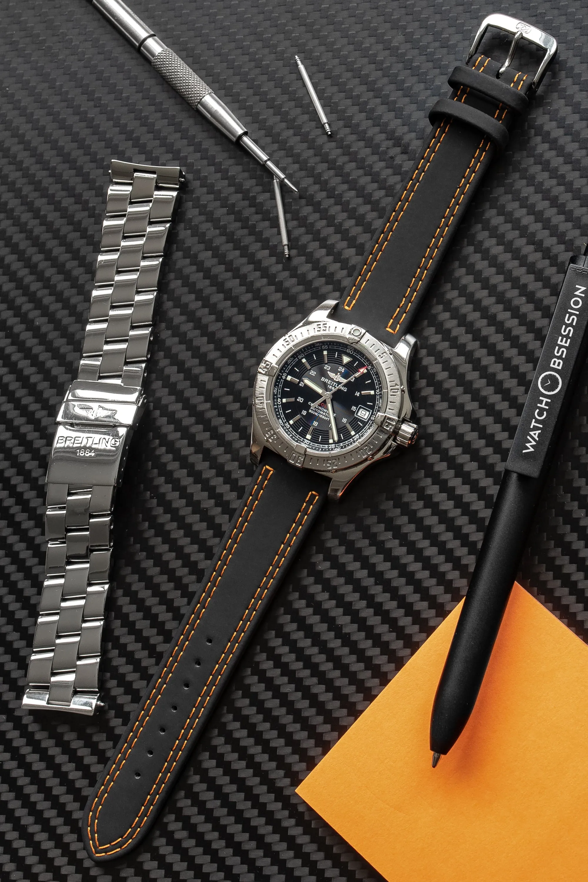 Di-Modell COLORADO Rubber-Coated Leather Watch Strap in BLACK with ORANGE Stitch