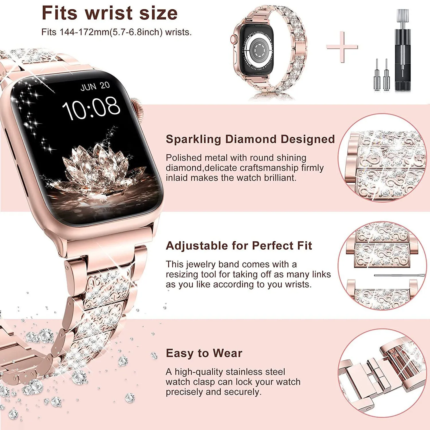 Diamond Rhinestone Stainless Steel Metal Wristband Strap