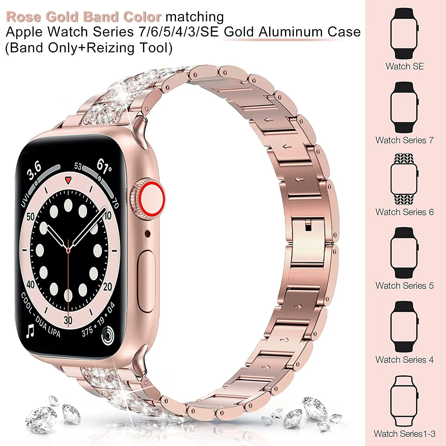 Diamond Rhinestone Stainless Steel Metal Wristband Strap